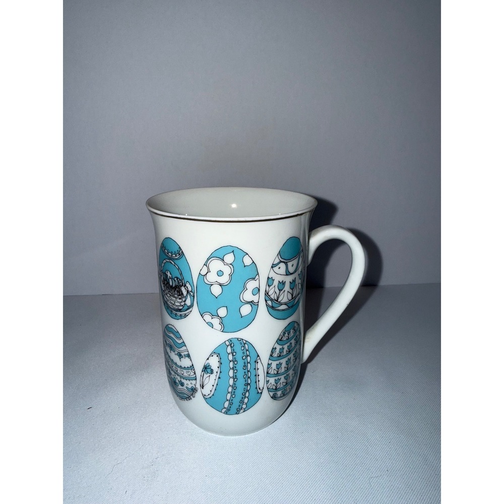 Vintage 1979 Lucy Rigg Enesco Easter Egg Coffee Mug Blue White Gold Trim Ceramic